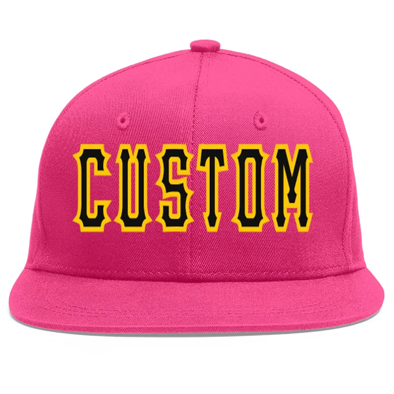 Custom Snapback Baseball Cap-Custom Rose Red Black-Gold Flat Eaves Sport Baseball Cap