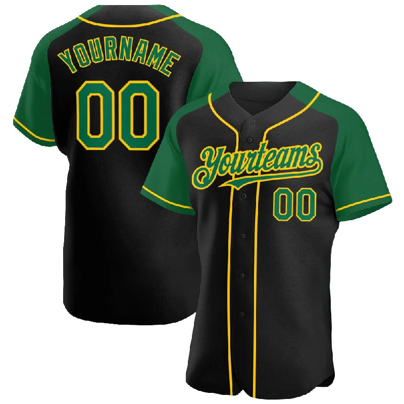 Baseball Jersey For Men-Custom Black Kelly Green-Yellow Authentic Raglan Sleeves Baseball Jersey