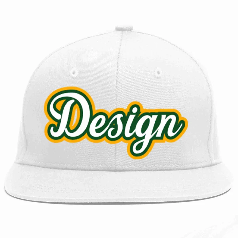 Baseball Cap With Comfortable Lining-Custom White White-Kelly Green Flat Eaves Sport Baseball Cap Design for Men/Women/Youth