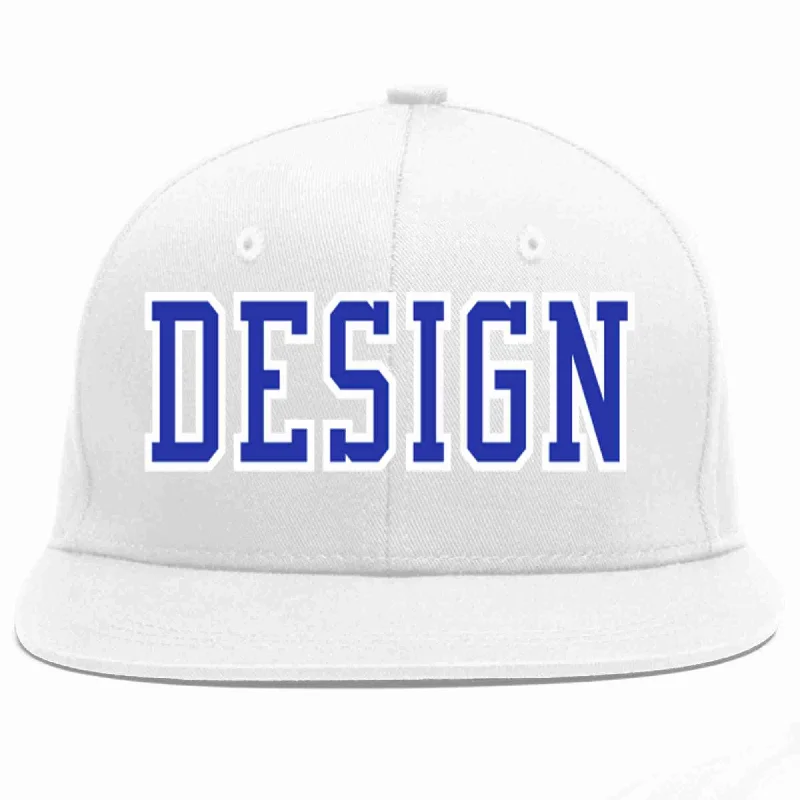 Baseball Cap For Sports Fans-Custom White Royal-White Flat Eaves Sport Baseball Cap Design for Men/Women/Youth