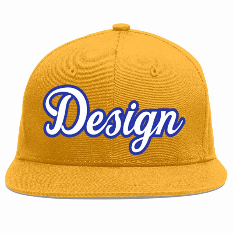 Baseball Cap For Music Fans-Custom Gold White-Royal Flat Eaves Sport Baseball Cap Design for Men/Women/Youth