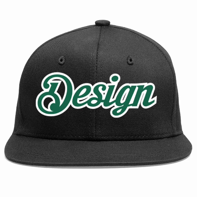 Baseball Cap With Retro Logo-Custom Black Kelly Green-White Flat Eaves Sport Baseball Cap Design for Men/Women/Youth