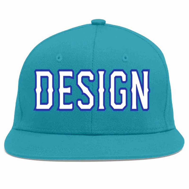 Baseball Cap For Outdoor Sports-Custom Aqua White-Royal Flat Eaves Sport Baseball Cap Design for Men/Women/Youth