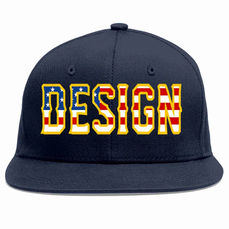 Baseball Cap With Fun Designs-Custom Navy Vintage USA Flag-Gold Flat Eaves Sport Baseball Cap Design for Men/Women/Youth