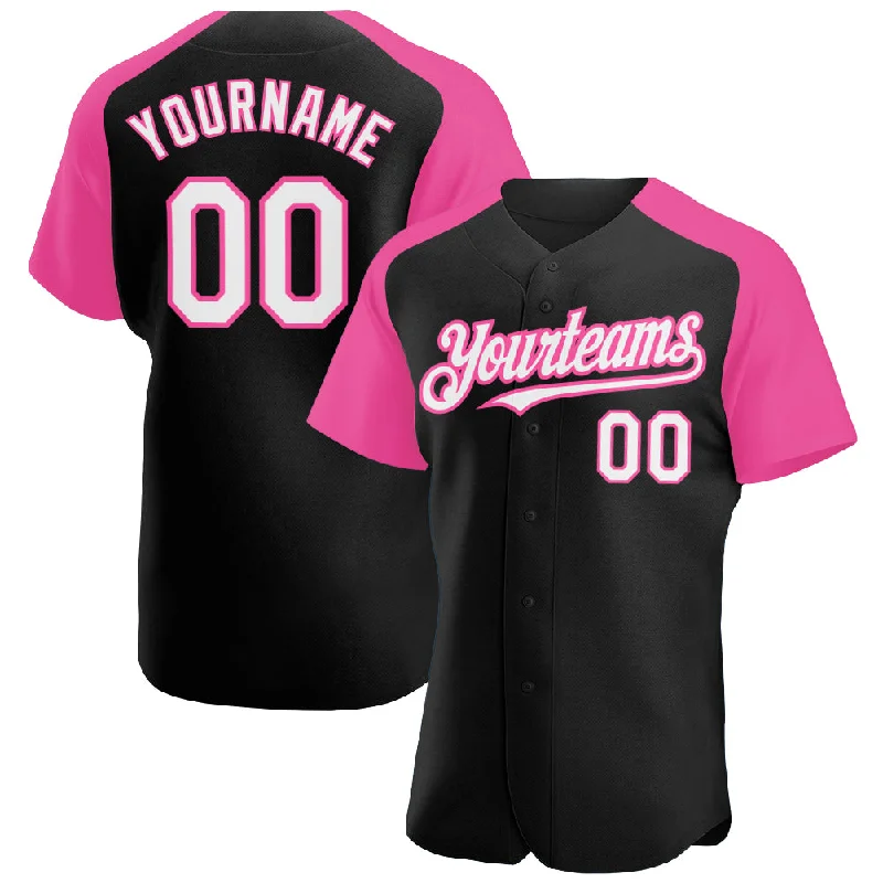 Baseball Jersey With Embellished Detailing-Custom Black White-Pink Authentic Raglan Sleeves Baseball Jersey