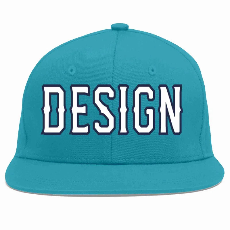 Baseball Cap For Personalized Branding-Custom Aqua White-Navy Flat Eaves Sport Baseball Cap Design for Men/Women/Youth