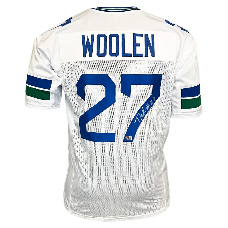 Rugby Jersey With Long Sleeve Style-Tariq Woolen Signed Seattle White Throwback Football Jersey (Beckett)