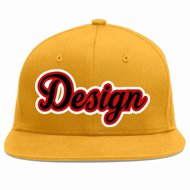 Baseball Cap For Promotional Apparel-Custom Gold Black-Red Flat Eaves Sport Baseball Cap Design for Men/Women/Youth