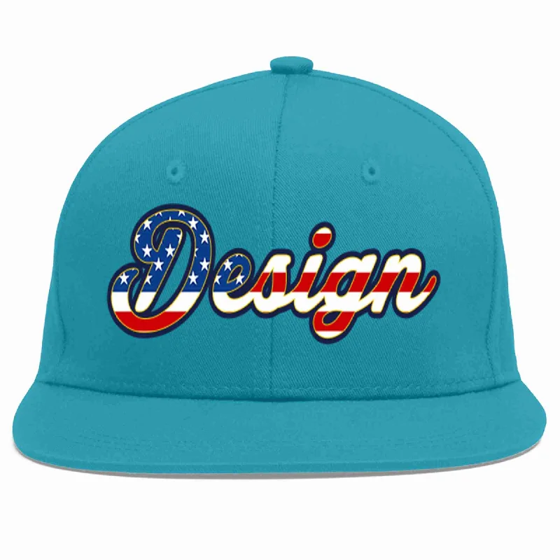 Custom Snapback Baseball Cap-Custom Aqua Vintage USA Flag-Gold Flat Eaves Sport Baseball Cap Design for Men/Women/Youth