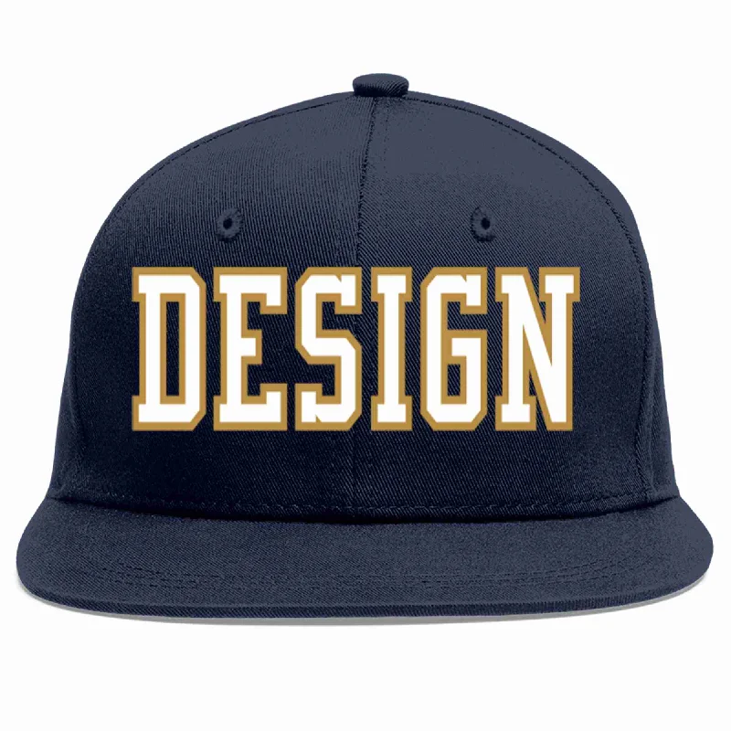 Baseball Cap For Custom Merchandise-Custom Navy White-Old Gold Flat Eaves Sport Baseball Cap Design for Men/Women/Youth