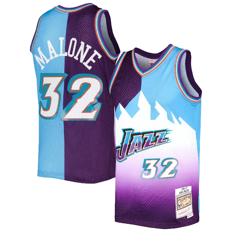 Basketball Jersey With Unique Patterns-Karl Malone Utah Jazz Hardwood Classics 1996/97 Split Swingman Basketball Jersey - Purple/turquoise