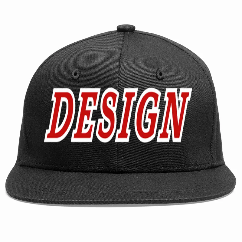 Baseball Cap With Custom Embroidery Design-Custom Black Red-White Flat Eaves Sport Baseball Cap Design for Men/Women/Youth