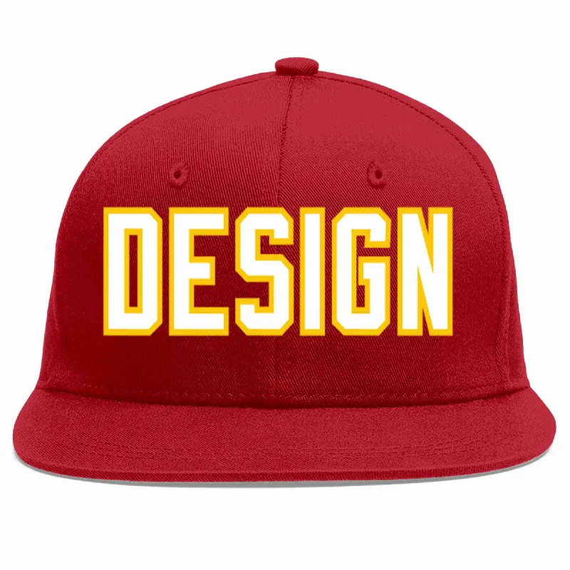 Baseball Cap For Personalized Clothing-Custom Red White-Gold Flat Eaves Sport Baseball Cap Design for Men/Women/Youth