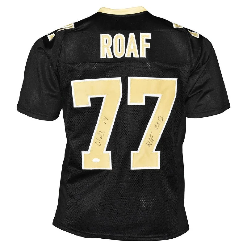 Rugby Jersey For Signature Rugby Players-Willie Roaf Signed HOF 12 Inscription New Orleans Pro Black Football Jersey (BECKETT)