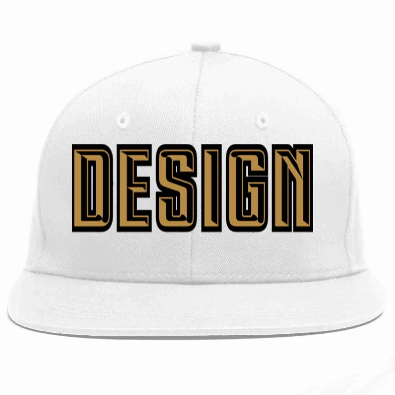 Baseball Cap For Employee Recognition-Custom White Old Gold-Black Flat Eaves Sport Baseball Cap Design for Men/Women/Youth