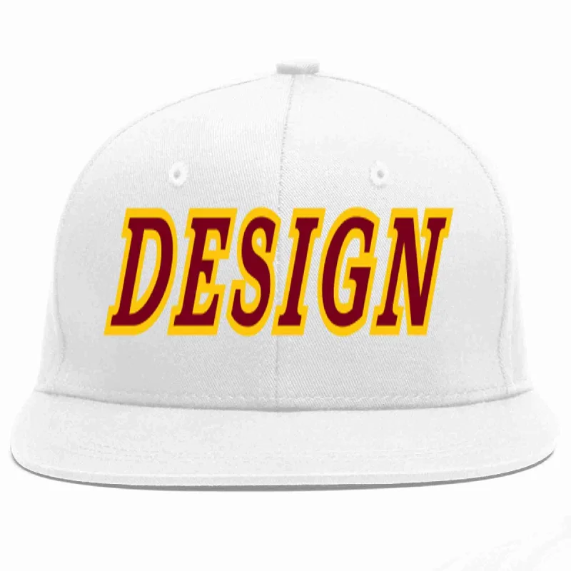 Custom Fitted Baseball Cap-Custom White Crimson-Gold Flat Eaves Sport Baseball Cap Design for Men/Women/Youth