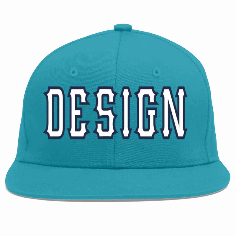 Baseball Cap With Graphics Design-Custom Aqua White-Navy Flat Eaves Sport Baseball Cap Design for Men/Women/Youth