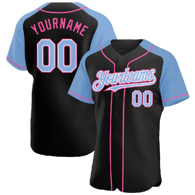 Baseball Jersey For Personalized Gifts-Custom Black Light Blue-Pink Authentic Raglan Sleeves Baseball Jersey