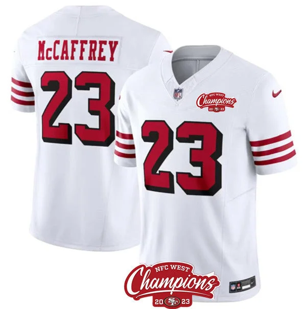 Football Jersey With Breathable Material-Men's San Francisco 49ers #23 Christian McCaffrey White 2023 F.U.S.E. NFC West Champions Patch Alternate Football Stitched Jersey