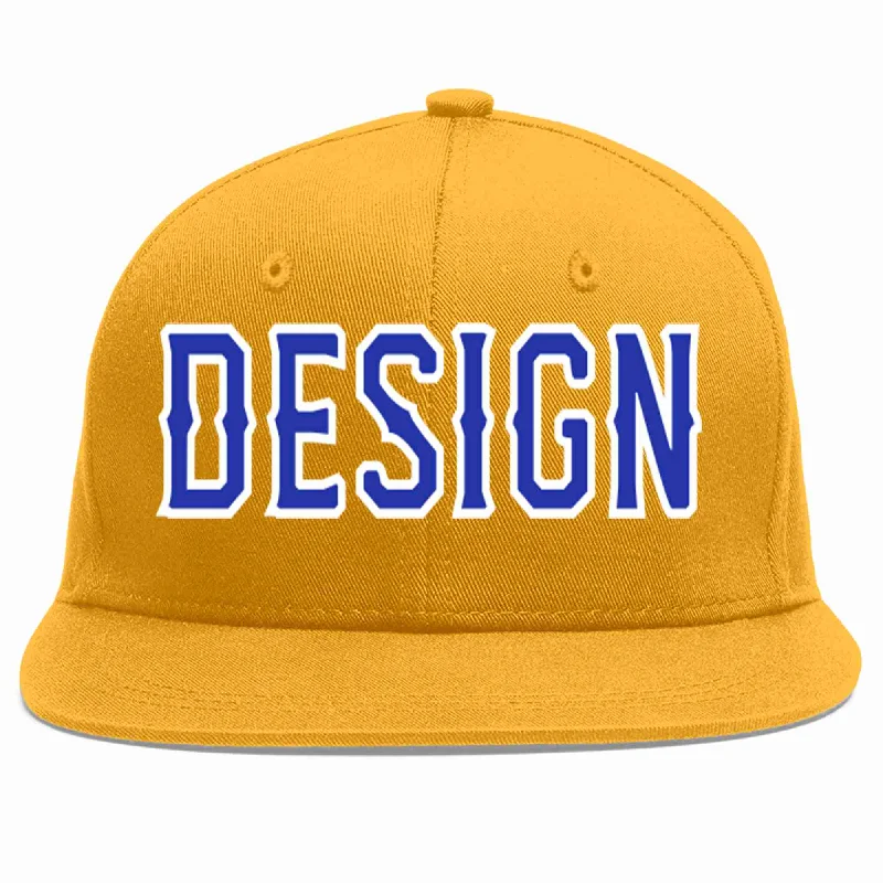 Baseball Cap With Fun Designs-Custom Gold Royal-White Flat Eaves Sport Baseball Cap Design for Men/Women/Youth