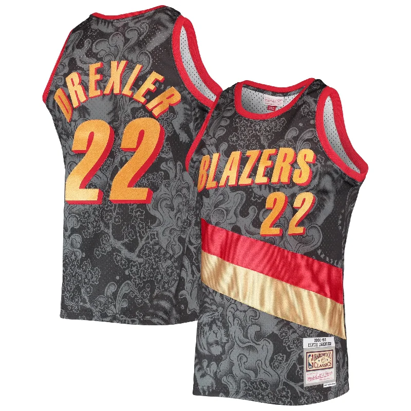 Basketball Jersey With Custom Text-Clyde Drexler Portland Trail Blazers Hardwood Classics 1991/92 Lunar New Year Swingman Basketball Jersey - Black