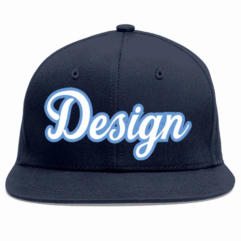 Baseball Cap For Travel Accessories-Custom Navy White-Light Blue Flat Eaves Sport Baseball Cap Design for Men/Women/Youth