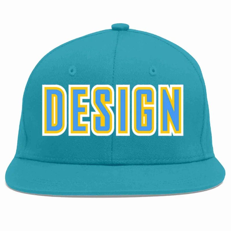 Baseball Cap With Custom Fit-Custom Aqua Powder Blue-Gold Flat Eaves Sport Baseball Cap Design for Men/Women/Youth