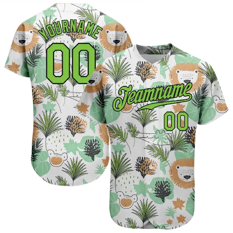 Baseball Jersey With Logo Embellishments-Custom White Neon Green-Black 3D Pattern Design Hawaii Palm Leaves And Lions Authentic Baseball Jersey