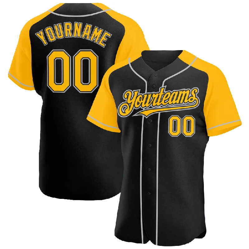 Baseball Jersey For Custom Branding-Custom Black Gold-Gray Authentic Raglan Sleeves Baseball Jersey