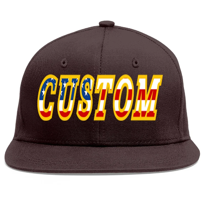 Custom Baseball Cap For Holidays-Custom Brown Vintage USA Flag-Gold Flat Eaves Sport Baseball Cap