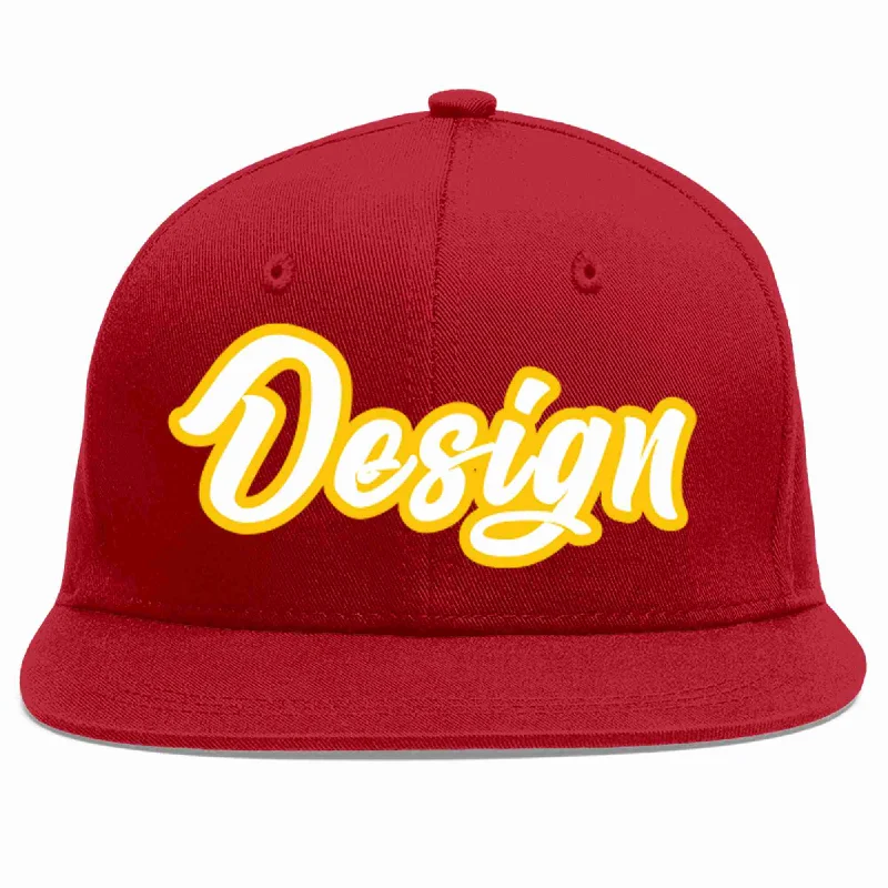 Baseball Cap With Patch-Custom Red White-Gold Flat Eaves Sport Baseball Cap Design for Men/Women/Youth