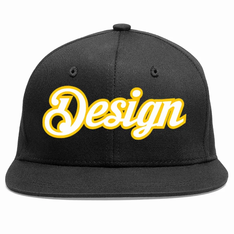 Custom Baseball Cap For Birthdays-Custom Black White-Gold Flat Eaves Sport Baseball Cap Design for Men/Women/Youth