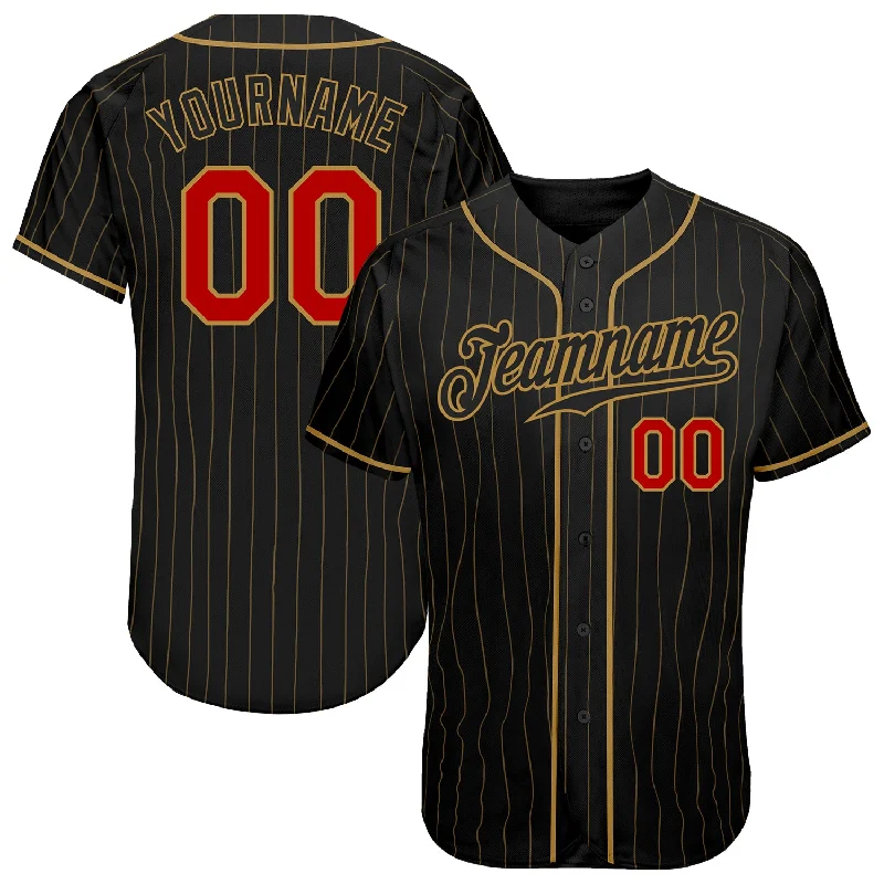 Baseball Jersey For Baseball Players-Custom Black Old Gold Pinstripe Red-Old Gold Authentic Baseball Jersey