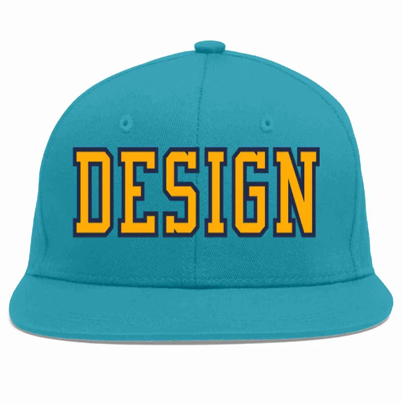 Baseball Cap For College Teams-Custom Aqua Yellow-Navy Flat Eaves Sport Baseball Cap Design for Men/Women/Youth