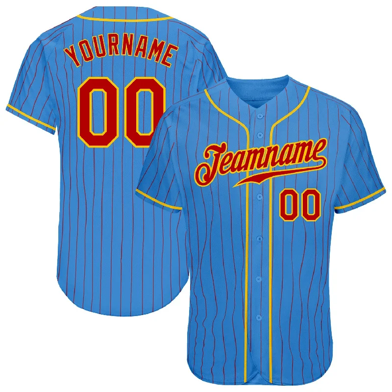 Baseball Jersey For Baseball-Themed Events-Custom Powder Blue Red Pinstripe Red-Gold Authentic Baseball Jersey