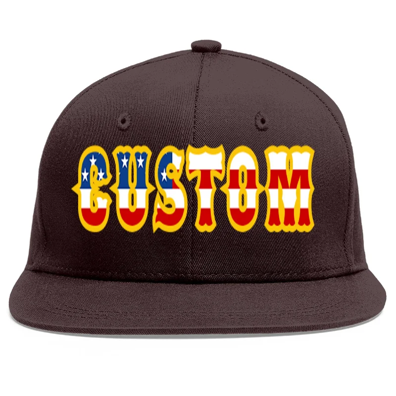 Baseball Cap With Custom Logo-Custom Brown Vintage USA Flag-Gold Flat Eaves Sport Baseball Cap