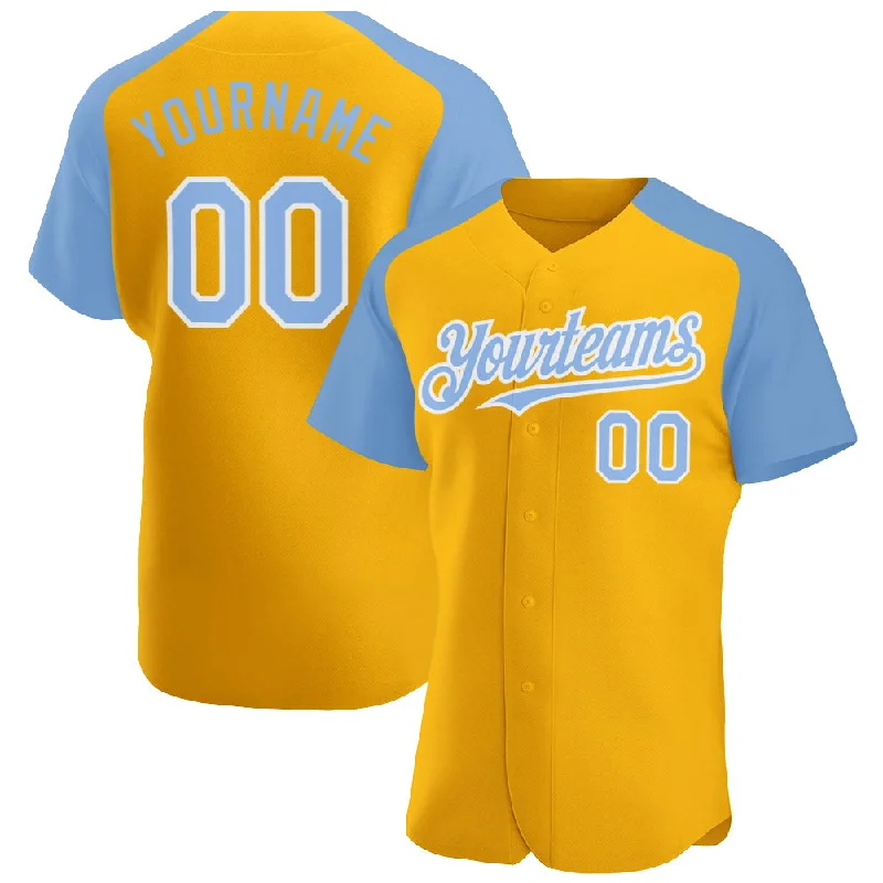 Baseball Jersey For Outdoor Baseball Matches-Custom Gold Light Blue-White Authentic Raglan Sleeves Baseball Jersey