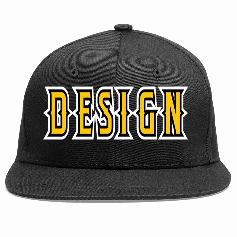 Fitted Baseball Cap-Custom Black Gold-Black Flat Eaves Sport Baseball Cap Design for Men/Women/Youth