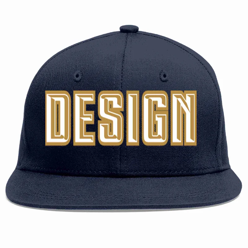 Baseball Cap With Custom Number-Custom Navy White-Old Gold Flat Eaves Sport Baseball Cap Design for Men/Women/Youth