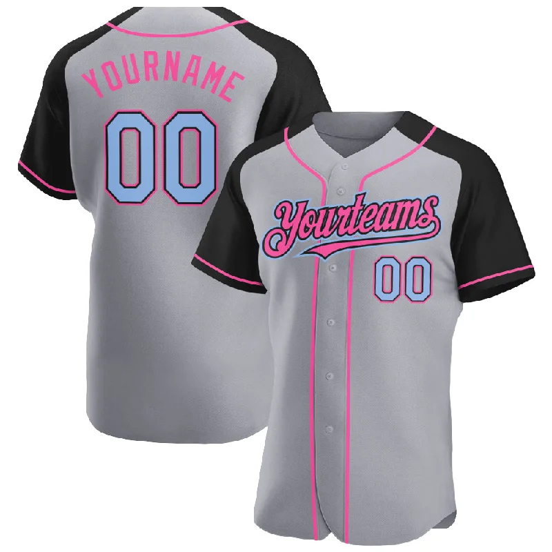 Baseball Jersey For Sports Teams-Custom Gray Light Blue Black-Pink Authentic Raglan Sleeves Baseball Jersey