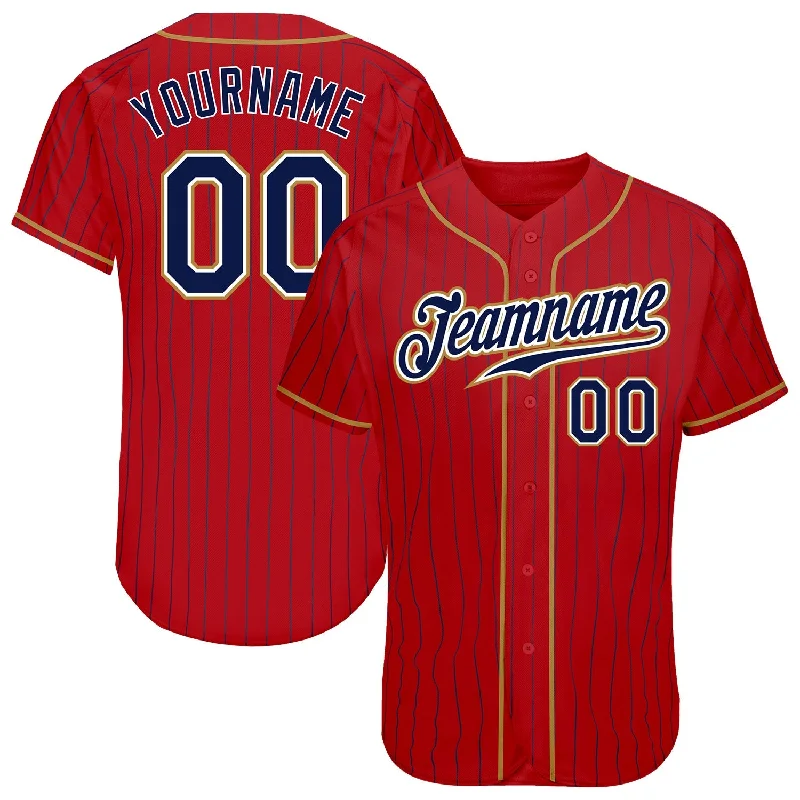 Baseball Jersey For Fan Gear-Custom Red Navy Pinstripe Navy-Old Gold Authentic Baseball Jersey