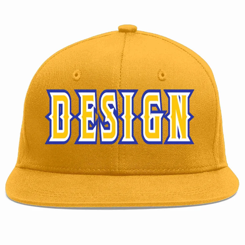 Baseball Cap For College Fans-Custom Gold Gold-White Flat Eaves Sport Baseball Cap Design for Men/Women/Youth