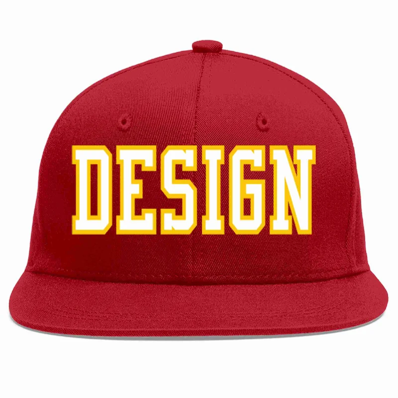 Custom Baseball Cap For Fundraising-Custom Red White-Gold Flat Eaves Sport Baseball Cap Design for Men/Women/Youth