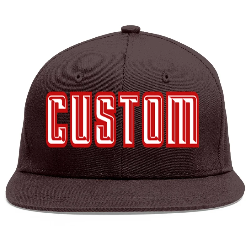 Embroidered Baseball Cap-Custom Brown White-Red Flat Eaves Sport Baseball Cap