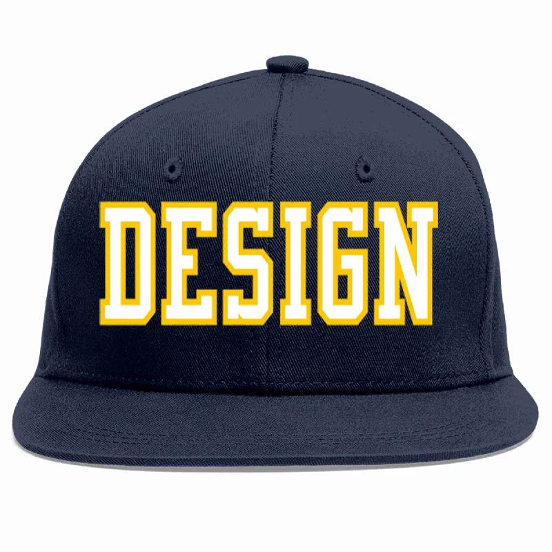 Custom Baseball Cap For Business-Custom Navy White-Gold Flat Eaves Sport Baseball Cap Design for Men/Women/Youth