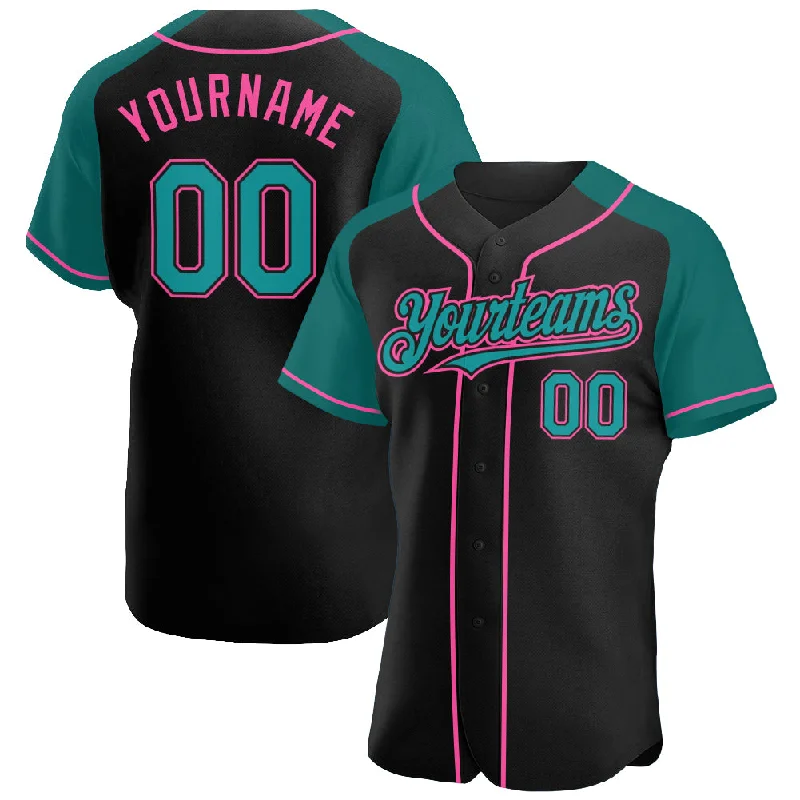 Baseball Jersey With Classic Design-Custom Black Teal-Pink Authentic Raglan Sleeves Baseball Jersey