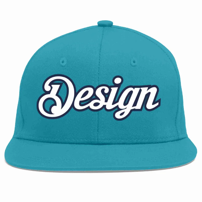 Baseball Cap For Concert Fans-Custom Aqua White-Navy Flat Eaves Sport Baseball Cap Design for Men/Women/Youth