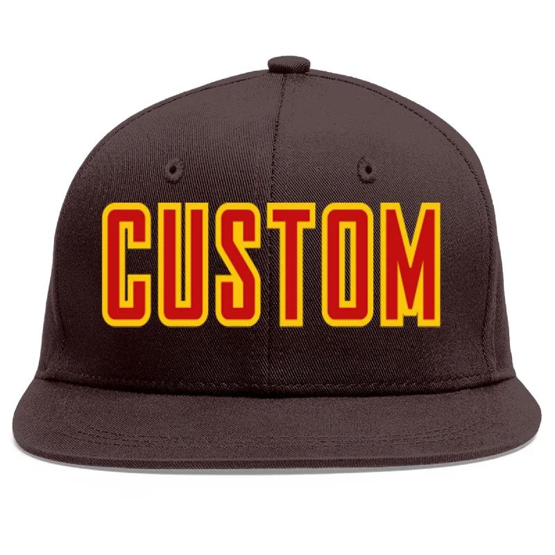 Custom Baseball Cap For Business-Custom Brown Red-Yellow Flat Eaves Sport Baseball Cap