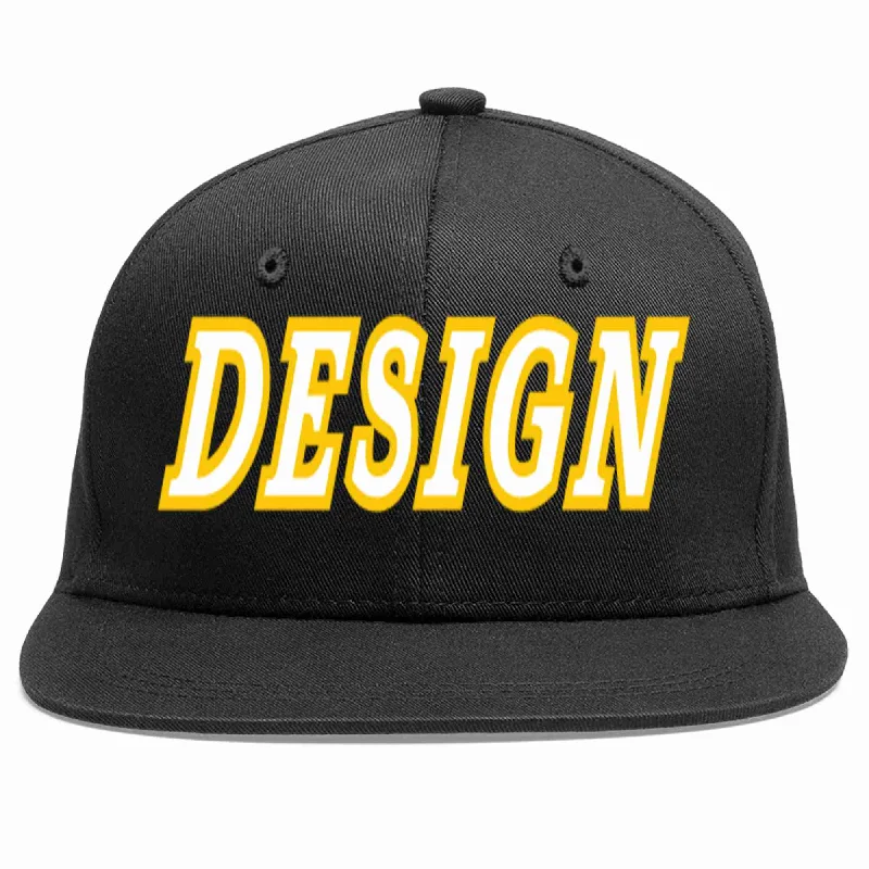 Baseball Cap For Athletic Streetwear-Custom Black White-Gold Flat Eaves Sport Baseball Cap Design for Men/Women/Youth