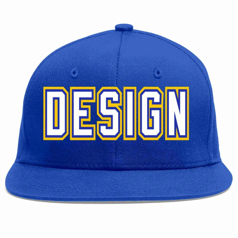 Baseball Cap For High School Teams-Custom Royal White-Royal Flat Eaves Sport Baseball Cap Design for Men/Women/Youth